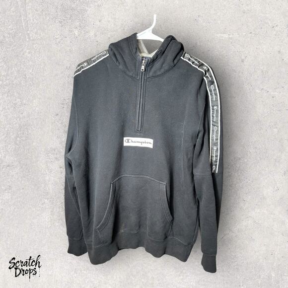 Champion Hoodie XL Black Half-Zip Logo Tape Kangaroo Pocket Athletic Wear Hoodie - Picture 1 of 4